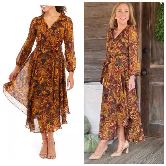 NWT Vince Camuto Paisley Print Asymmetric Hem Midi Dress PS Boho Fall Holiday - Picture 1 of 15